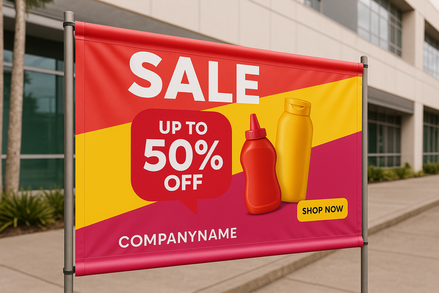 Vinyl banner using pole pockets with an advertisement on it