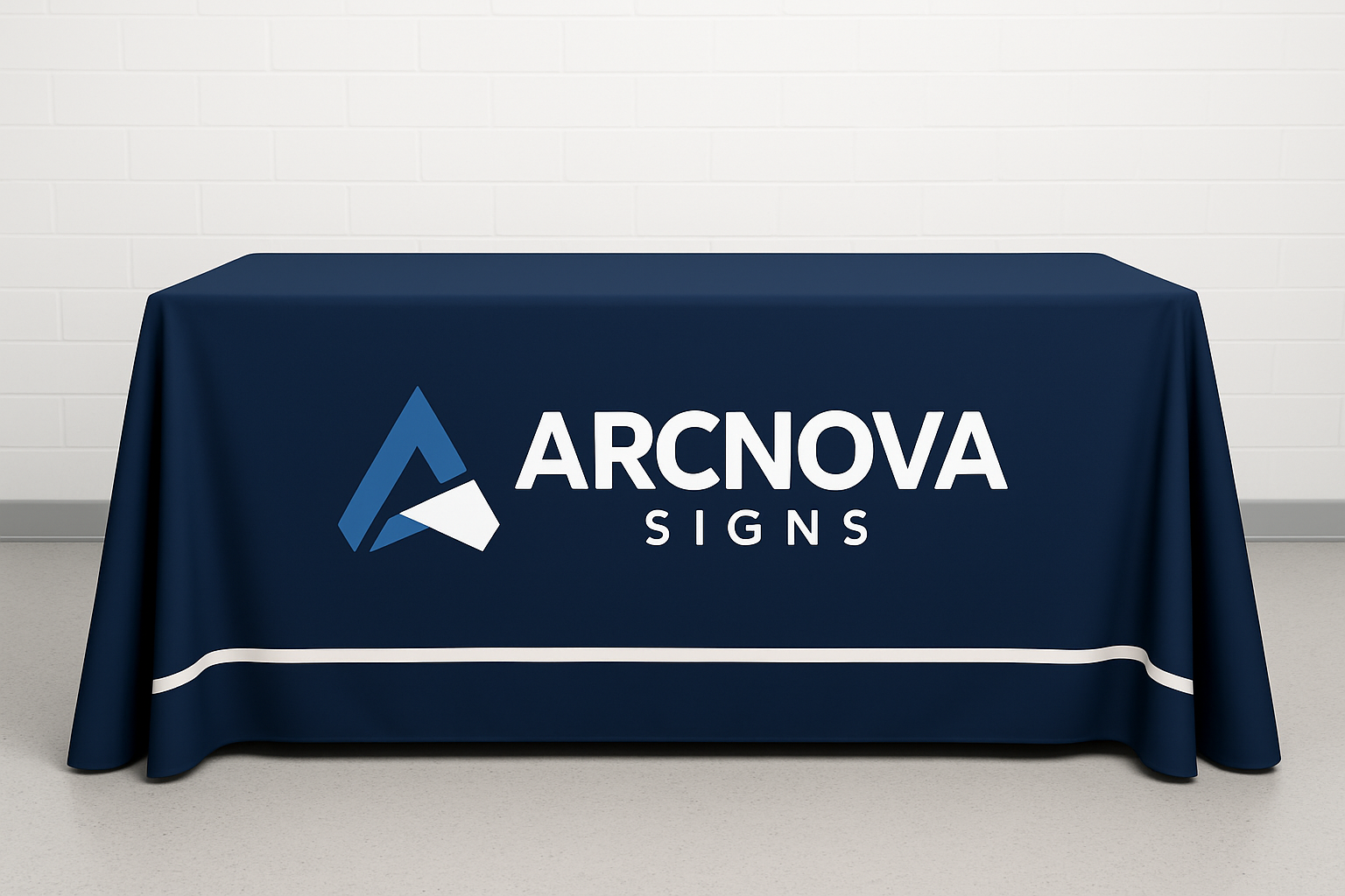 8ft table cover with company logo on it