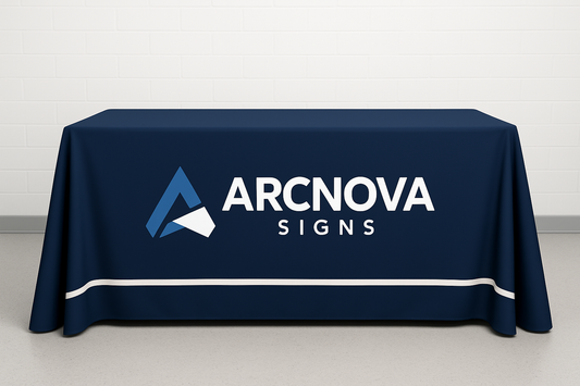 8ft table cover with company logo on it