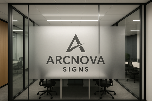 Glass office wall with frosted etched glass covering the middle portion on it. Add Arknova Signs logo and words to the frosted area