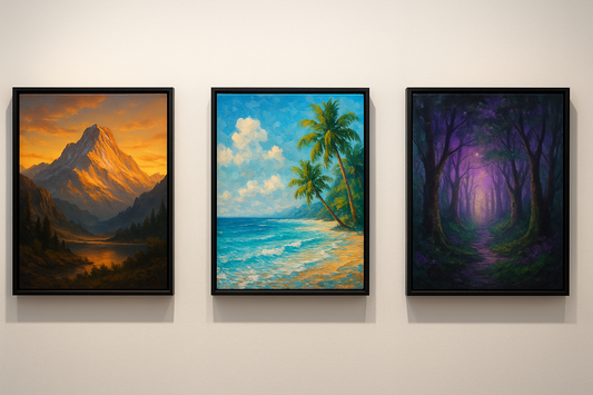 I want 3 different pictures, framed canvas actually, Line the three arts up on a wall showing different styles and sceneries