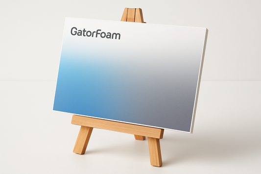 I want a foam board on a small easel that goes from a glue to grey color gradient throughout the board. Put the words “GatorFoam” on the top left in smaller font