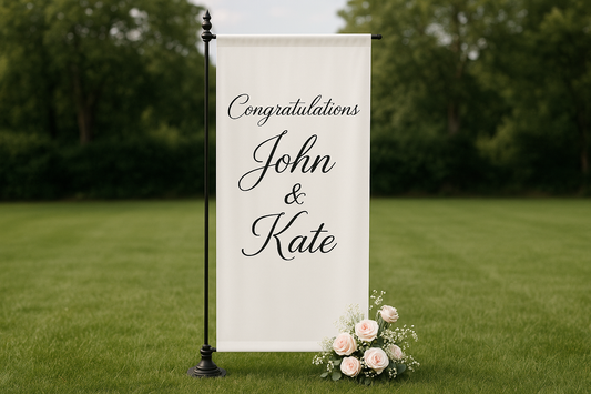 Less flowers, make the banner a rectangle and not angled at the bottom. Make it taller as well