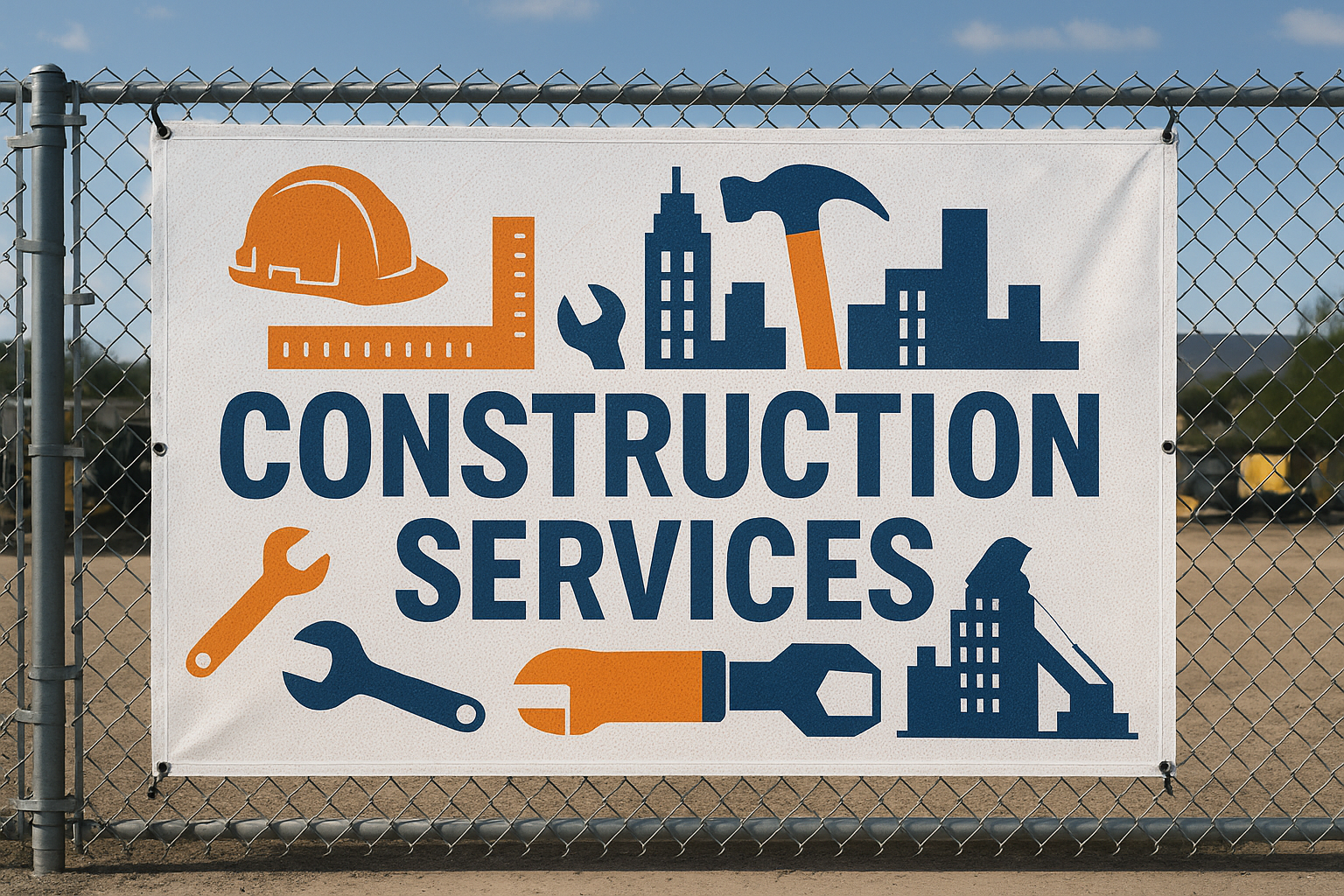 Mesh banner advertising construction service on chain link fence