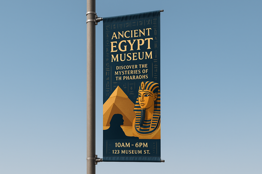 Pole banner showing information regarding museum about ancient Egypt. Show the whole pole in the picture