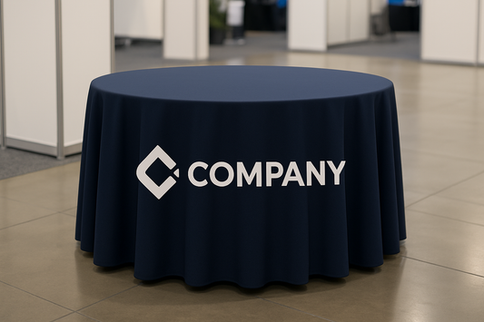 Round table cover with company logo on it