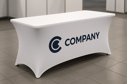Stretch Table Cover with company logo on it. White colored