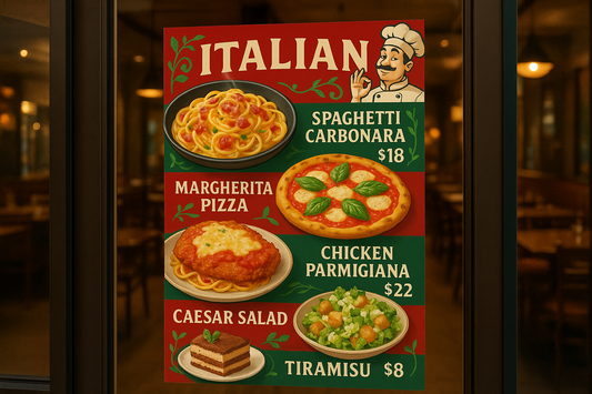 The image should be facing into the restaurant looking from the sidewalk. Make the cling more interesting with colors and pictures of food, make it 3’ H x 2’ Width