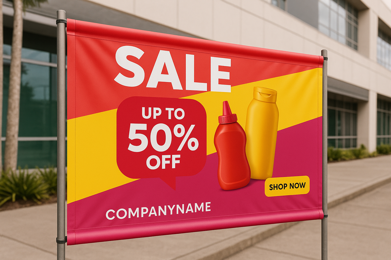 Vinyl banner using pole pockets with an advertisement on it
